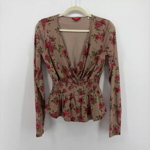 Guess Womens Medium Taupe Red Floral Peplum Top Smocked Mesh V-Neck Wrap